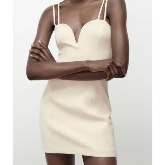 ZARA Cream V Neck Spaghetti Strap Sweetheart Mini Dress Size L - Picture 4 of 13